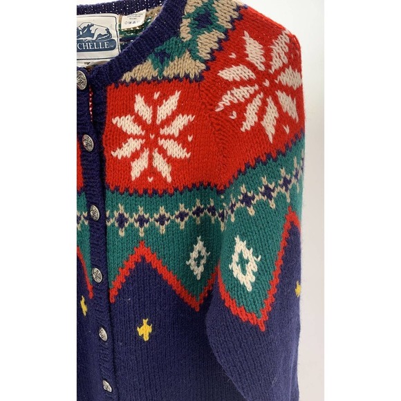 Women's Seychelle Hand Knit Button Up Cardigan Sweater Navy Blue/Green/Red Sz S - Picture 9 of 12